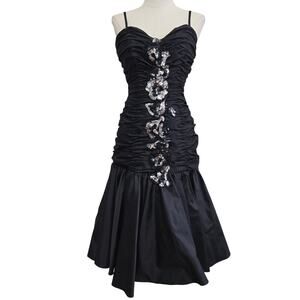 Alyce Designs Vtg 80s Whimsigoth Fairy Ruched Taffeta Sequins Drop Waist Gown 8
